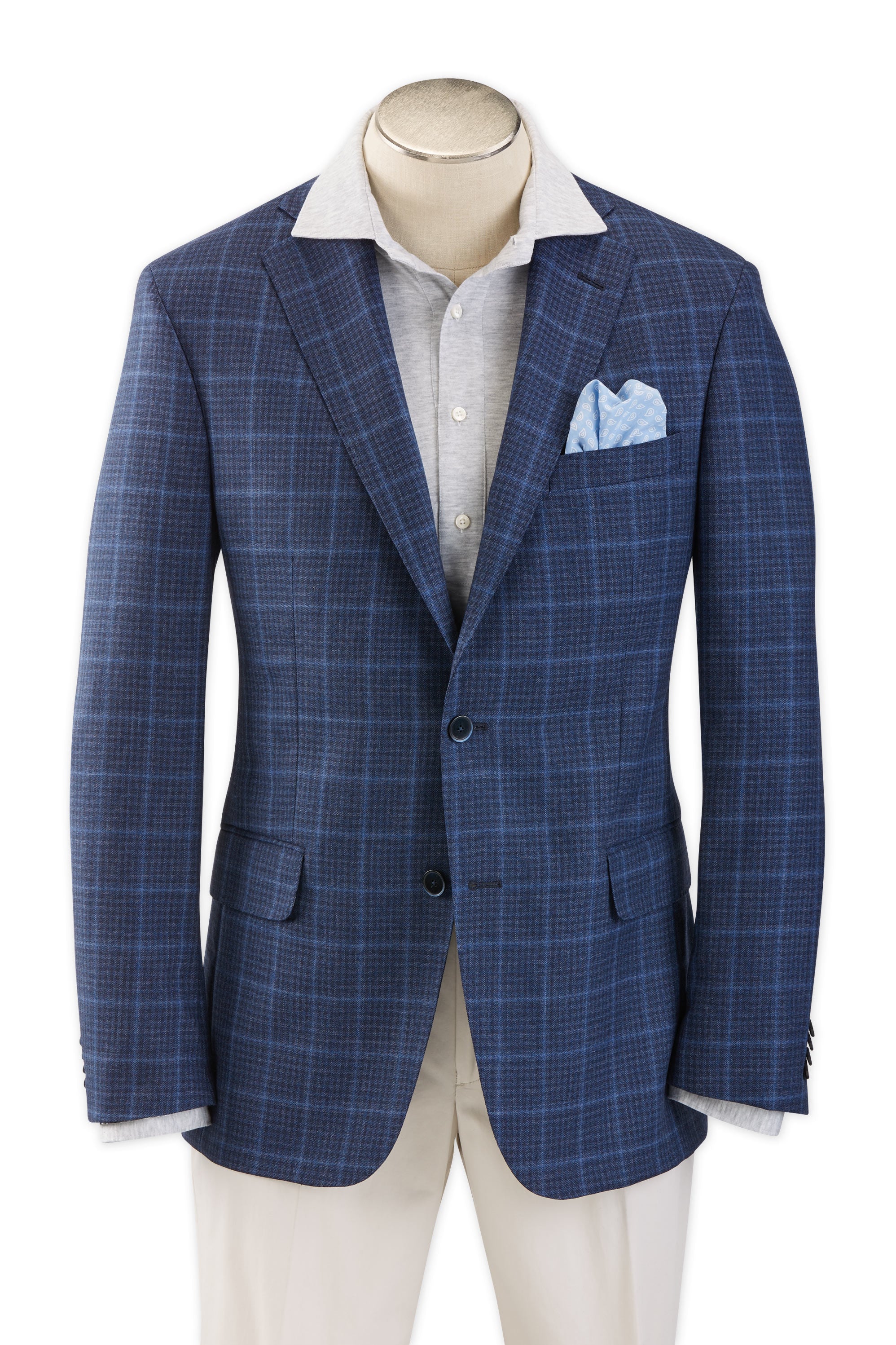 Men's Sport Coat Modern Cut - BLUE CHECK W'PANE 100% WOOL
