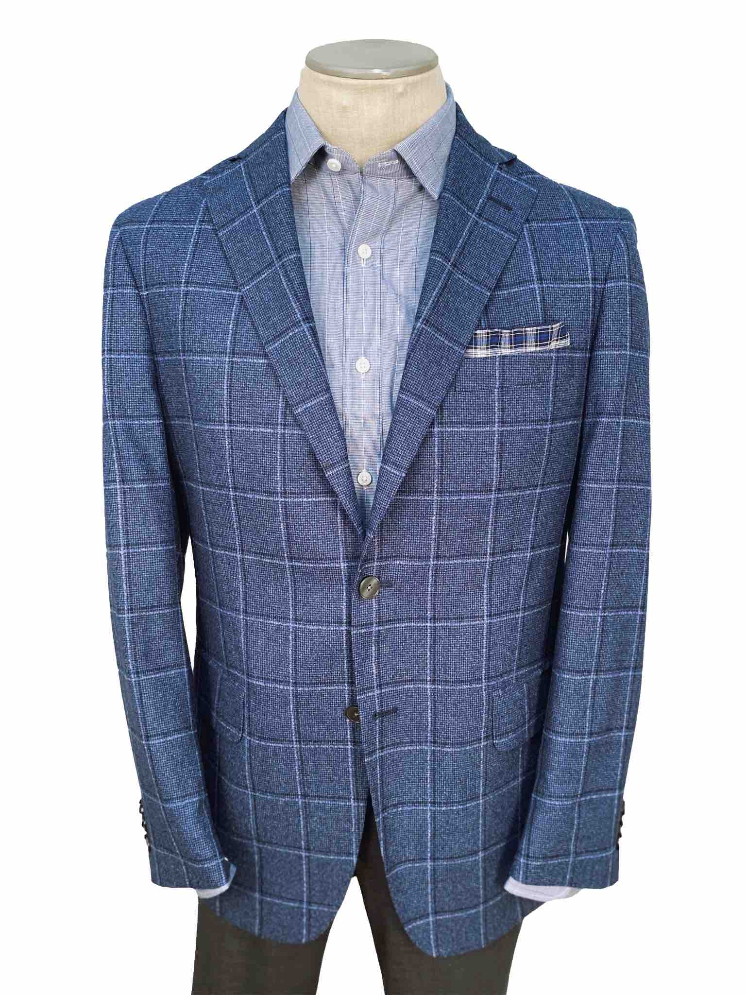 Men's Sport Coat Modern Cut - BLUE WINDOWPANE 100% WOOL