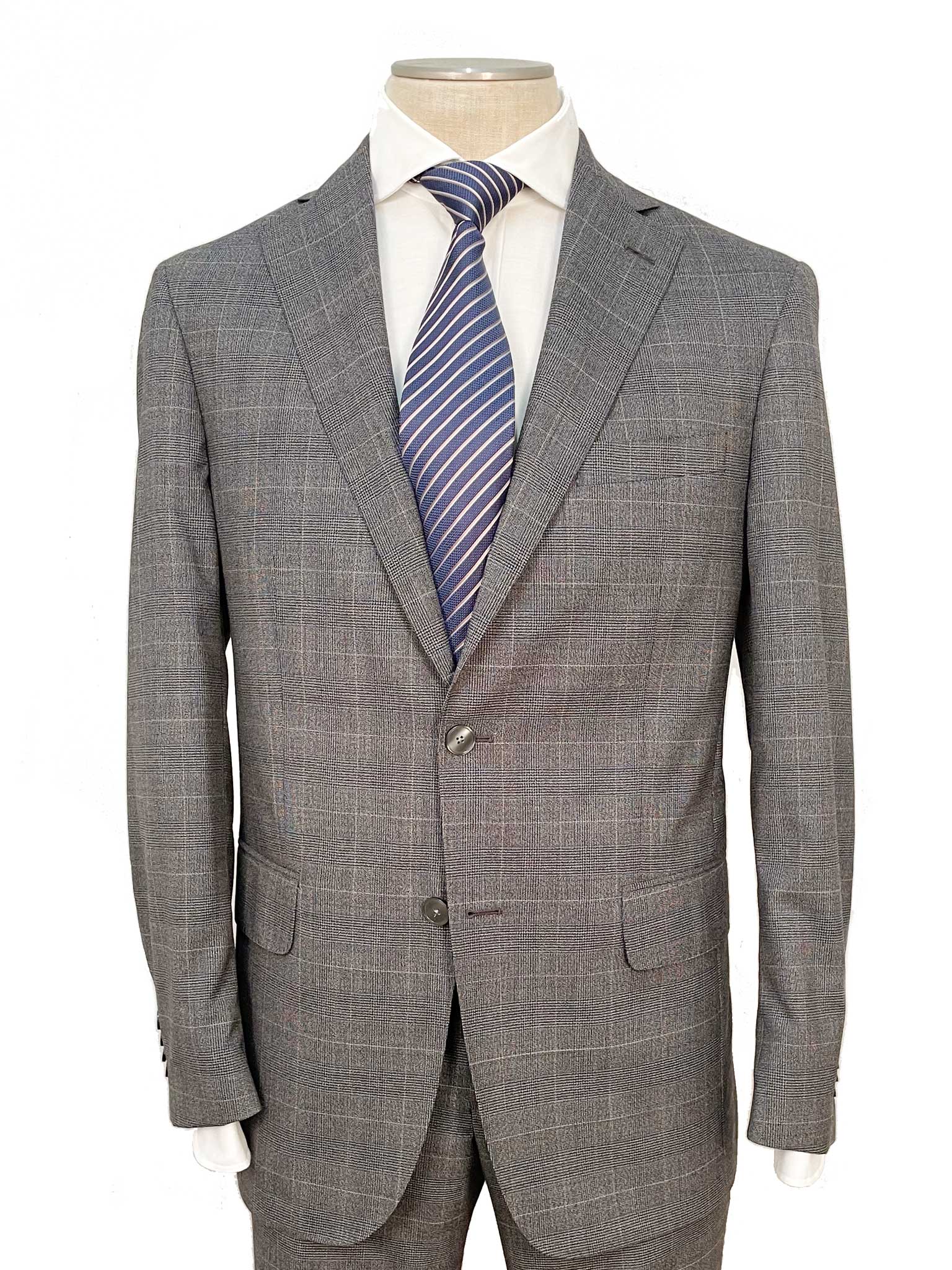 Men's Flat Front Pant Nested Suit Modern Cut - GREY PLAID 100% WOOL
