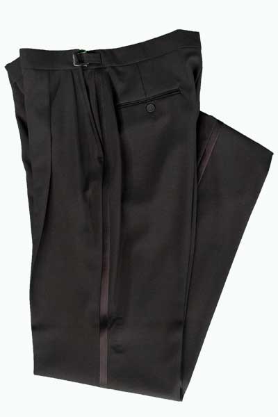 Mens Black AdjustableWaist Pleated Front Tuxedo Pants with Satin Stripe   99tux